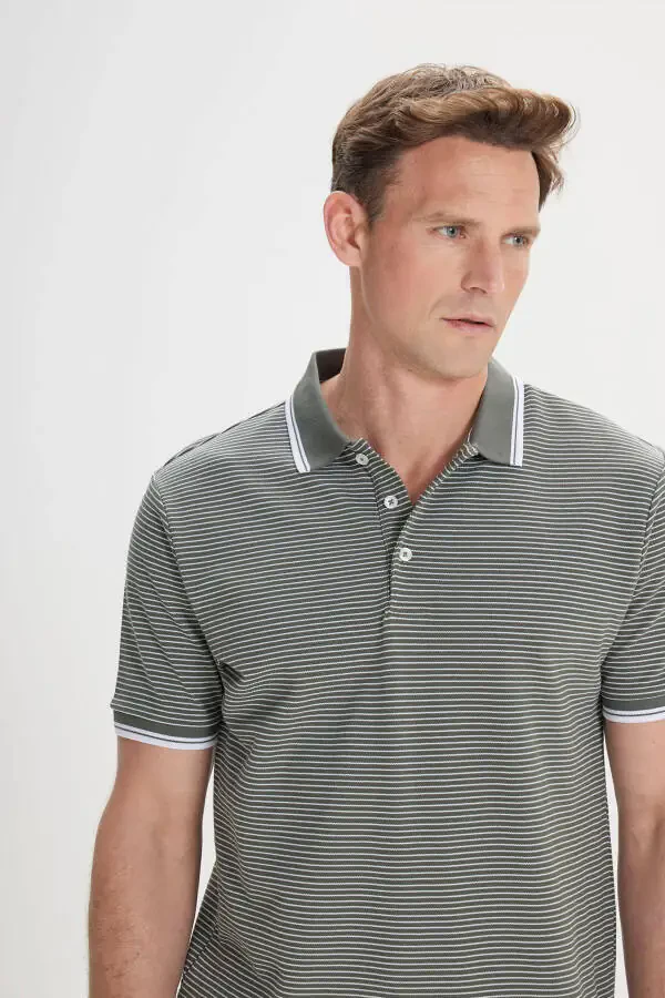 Men's Khaki-White Slim Fit Cotton Striped Polo Shirt - 6