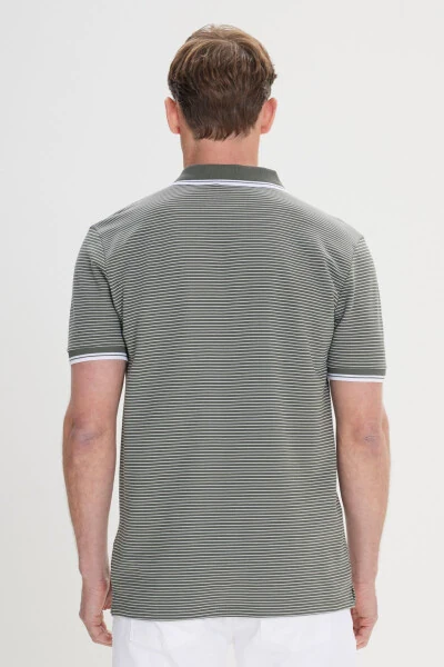 Men's Khaki-White Slim Fit Cotton Striped Polo Shirt - 7