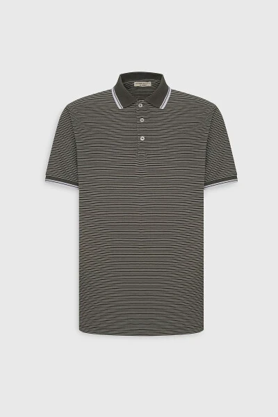 Men's Khaki-White Slim Fit Cotton Striped Polo Shirt - 8