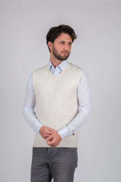 Men's Knit Sweater V Neck Bone Color Elastic Waist Winter Woven Regular Fit - 2