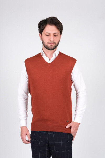 Men's Knit Sweater V-Neck Brick Color Elastic Waist Winter Knit Regular Fit - 1