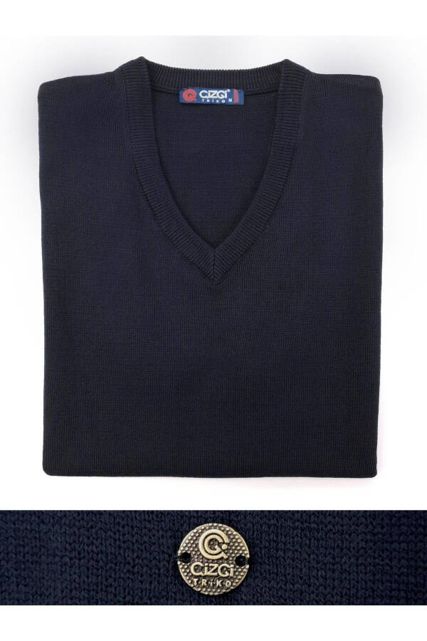 Men's Knit Sweater V Neck Navy Blue Ribbed Waist Winter Woven Regular Fit - 5