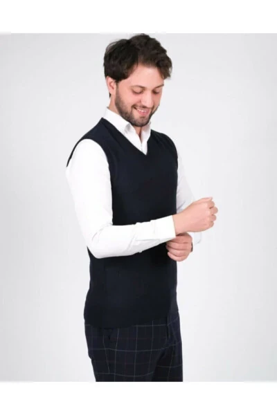 Men's Knit Sweater V-Neck Solid Color Elastic Waist Winter Weave - GENEL MARKALAR