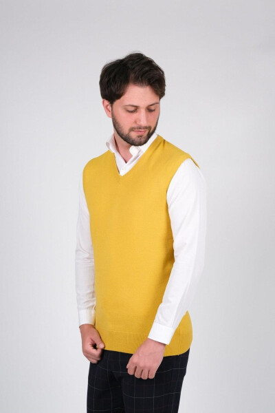 Men's Knit Sweater V Yellow Plain Color Elastic Waist Winter Woven Regular Fit - 1