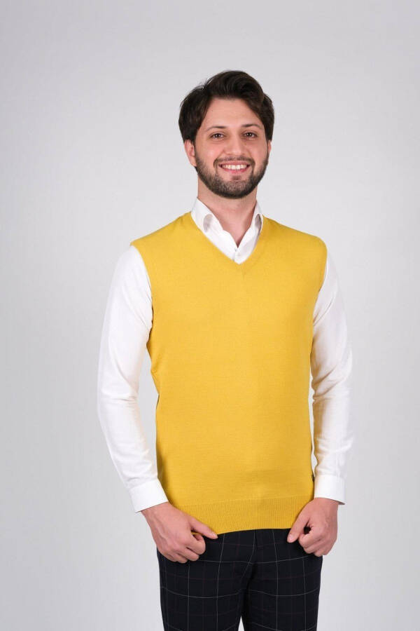 Men's Knit Sweater V Yellow Plain Color Elastic Waist Winter Woven Regular Fit - 2