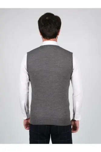 Men's Knit V-Neck Sweater Solid Color Elastic Waist Winter Woven - GREY - 1