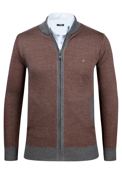 Men's knitted jacket with zippered pockets, patterned, steel knit. - ÇIZGI TRIKO