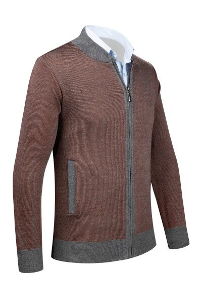 Men's knitted jacket with zippered pockets, patterned, steel knit. - ÇIZGI TRIKO (1)