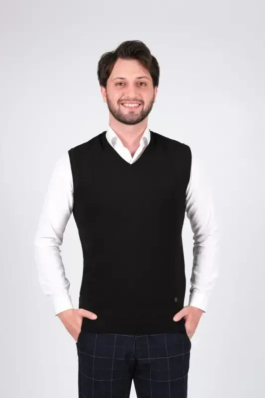 Men's Knitted Sweater V Neck Black Color Waist Hem - ÇIZGI TRIKO