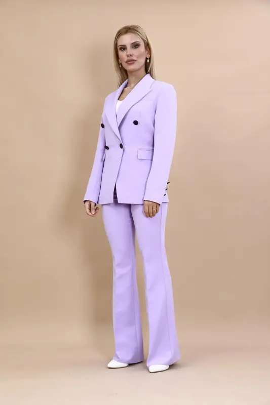 Men's Lapel Double-Breasted Blazer Jacket & Flare Leg Trousers - Violet - Violet - 5