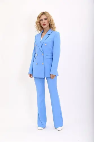 Men's Lapel Double-Breasted Blazer Jacket & Flare Pants - Sky Blue - Baby Blue - 2