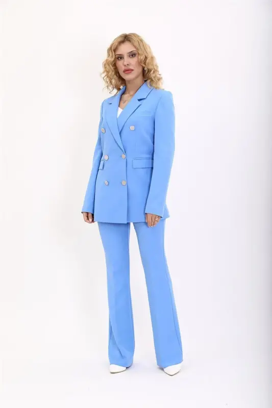 Men's Lapel Double-Breasted Blazer Jacket & Flare Pants - Sky Blue - Baby Blue - 2
