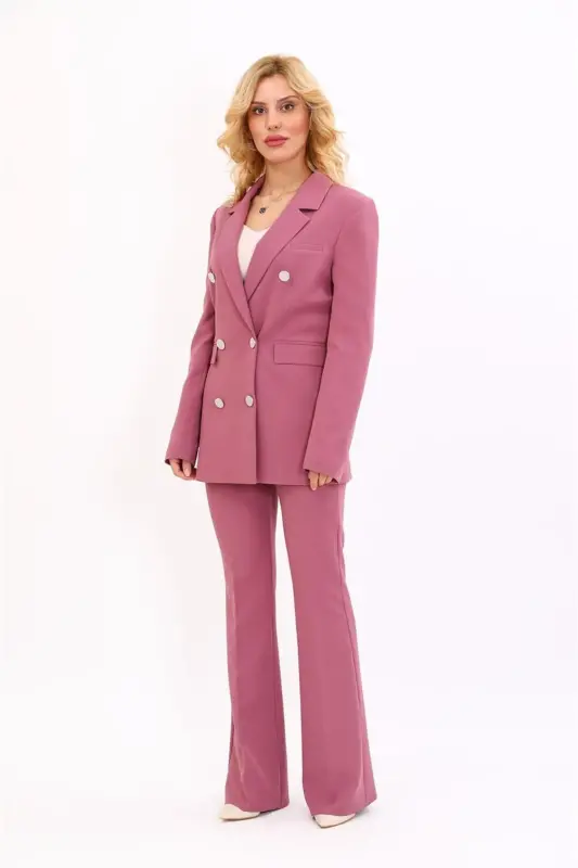 Men's Lapel Double-Breasted Blazer Jacket & Flared Pants-Rose - Rose - 2