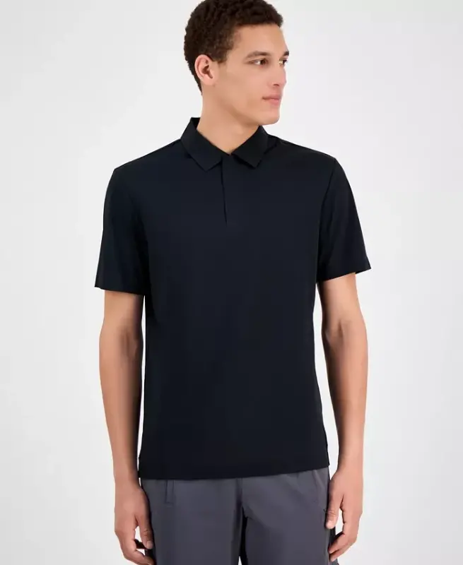 Men's Laser Cut Short Sleeve Performance Polo Shirt, Exclusively at Modazone-Deep Black - ALFANI