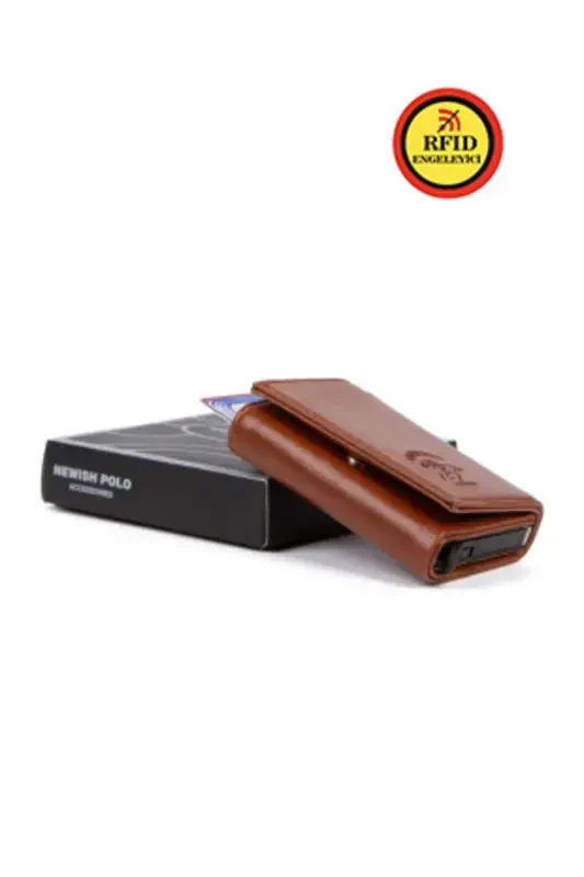 Men's Leather Aluminum Mechanism Slider Card Holder - Wallet Tan (GIFT KEYCHAIN) (7X10X2CM)-TAN - NEWISH