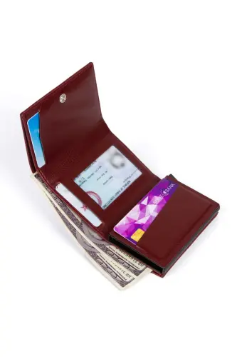 Men's Leather Aluminum Mechanism Sliding Cardholder - Wallet Burgundy (GIFT KEYCHAIN) (7X10X2 CM)-BURGUNDY - 4