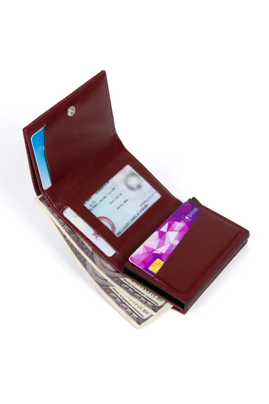 Men's Leather Aluminum Mechanism Sliding Cardholder - Wallet Burgundy (GIFT KEYCHAIN) (7X10X2 CM)-BURGUNDY - 4
