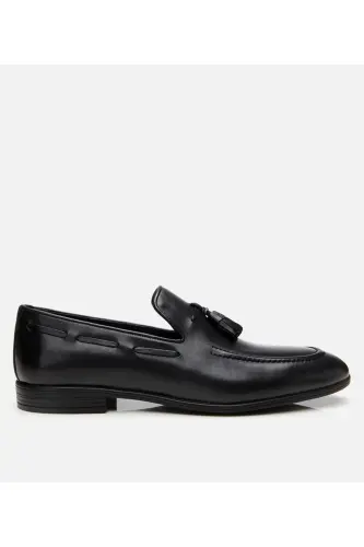 Men's Leather Black Tassel Detailed Loafer-BLACK - 1