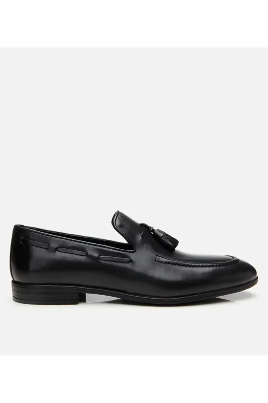 Men's Leather Black Tassel Detailed Loafer-BLACK - 1