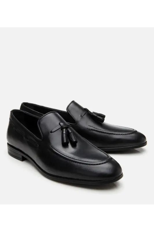 Men's Leather Black Tassel Detailed Loafer-BLACK - 2