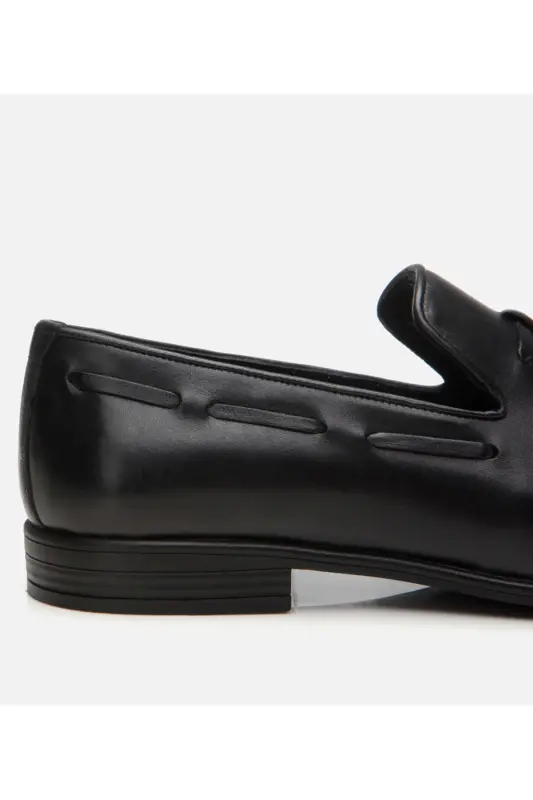Men's Leather Black Tassel Detailed Loafer-BLACK - 3