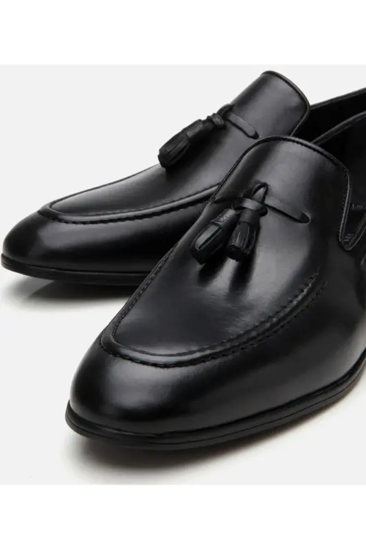 Men's Leather Black Tassel Detailed Loafer-BLACK - 4