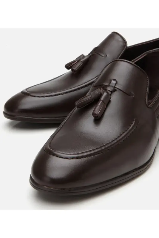 Men's Leather Brown Tassel Detailed Loafer - 4