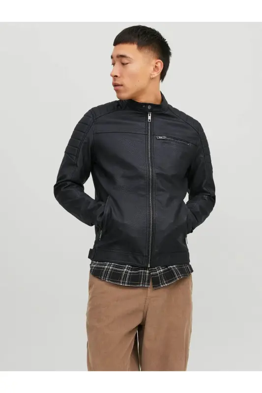 Men's Leather Jacket Black - Black 12147218 Jjerocky Jacket Noos-BLACK - 2