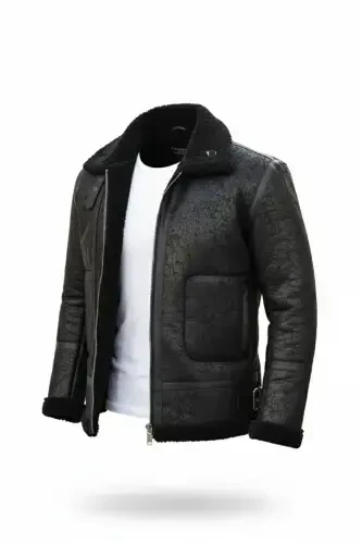 Men's leather jacket, high quality, slim fit, black. - 1