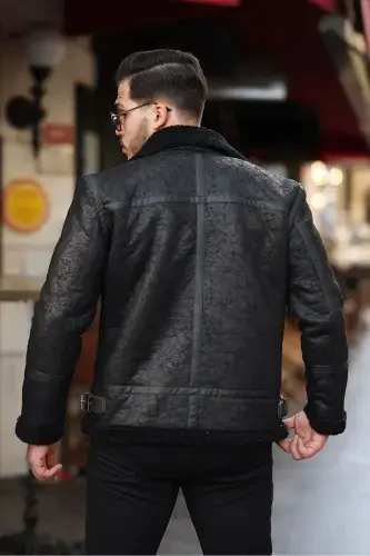 Men's leather jacket, high quality, slim fit, black. - 4