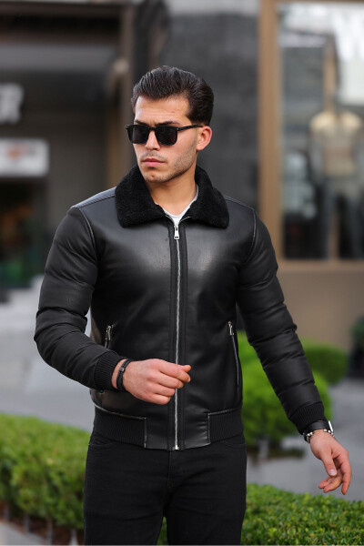 Men's Leather Jacket Winter Coat Puffer Jacket - 3