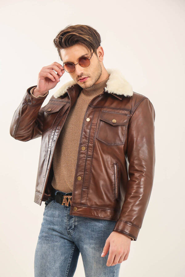 Men's Leather Jacket with Fur Collar - 2