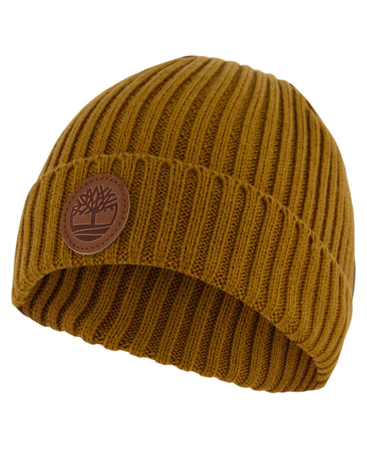 Men's Leather Logo Patch Ribbed Watch Cap Wheat - 3