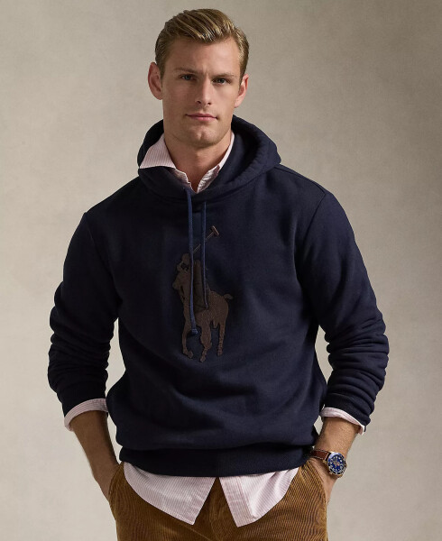 Men's Leather-Pony Fleece Hoodie Navy - 1