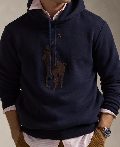 Men's Leather-Pony Fleece Hoodie Navy - 3