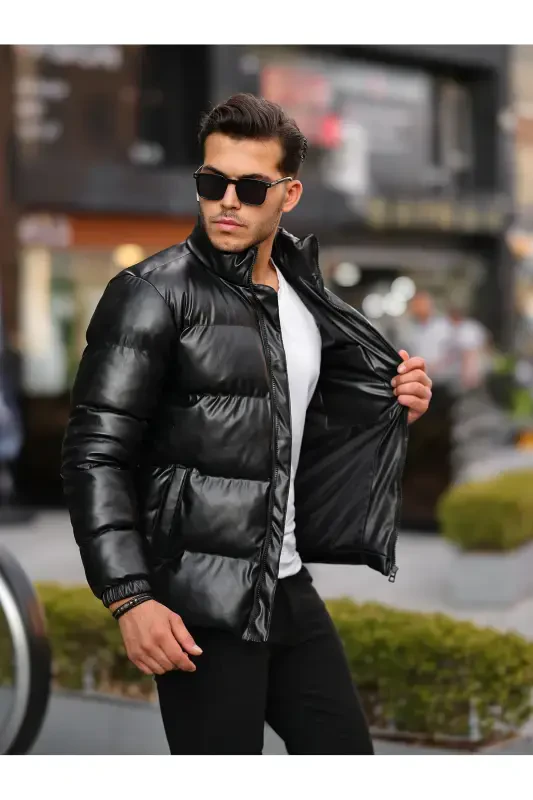 Men's Leather Winter Jacket Water And Cold Proof Puffer Jacket - 3