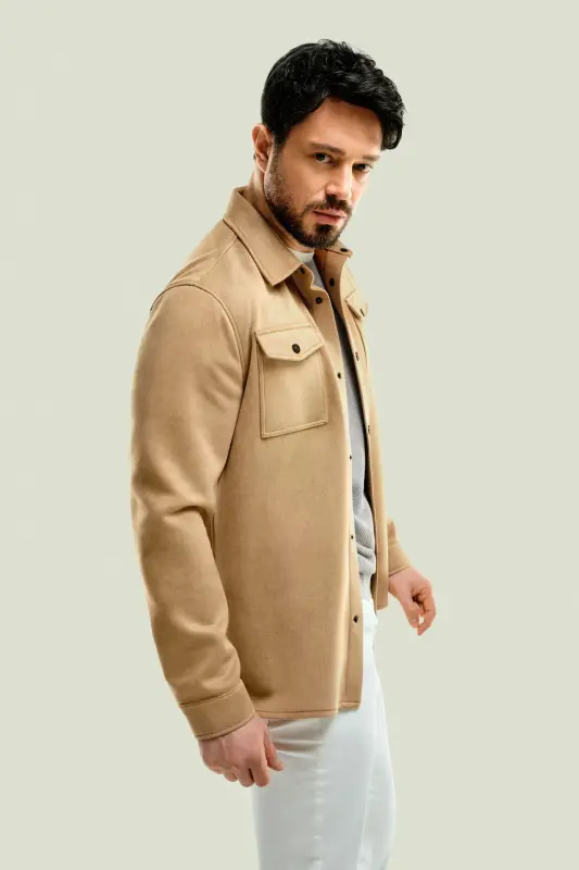 Men's Light Beige Shirt Jacket Classic Collar Suede Look Button Front Pocket Comfort Fit A41y6010 - AVVA