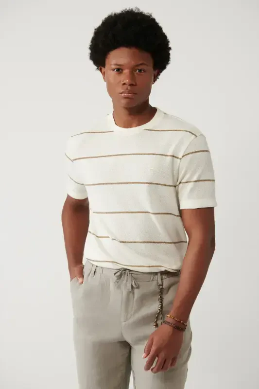 Men's Light Beige Striped Regular Fit T-shirt A41y1016 - 1