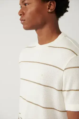 Men's Light Beige Striped Regular Fit T-shirt A41y1016 - AVVA (1)