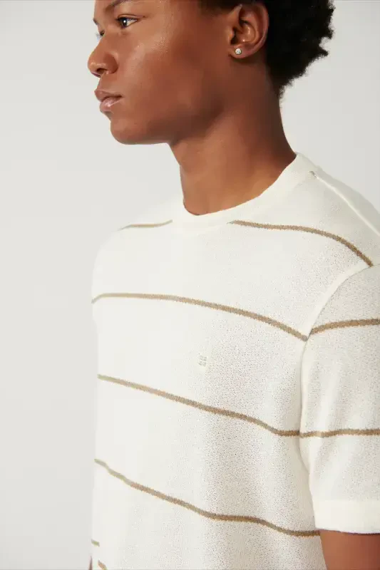 Men's Light Beige Striped Regular Fit T-shirt A41y1016 - 2