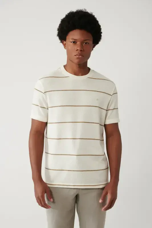 Men's Light Beige Striped Regular Fit T-shirt A41y1016 - 3
