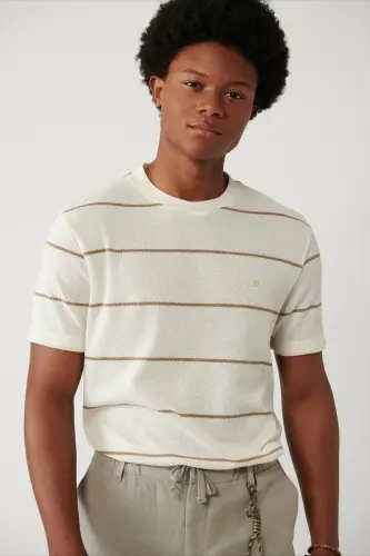 Men's Light Beige Striped Regular Fit T-shirt A41y1016 - 5