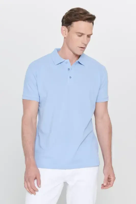 Men's Light Blue 100% Cotton Non-Iron Pique Polo Collar Slim Fit T-Shirt-Light Blue - ALTINYILDIZ CLASSICS