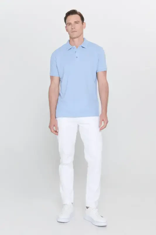 Men's Light Blue 100% Cotton Non-Iron Pique Polo Collar Slim Fit T-Shirt-Light Blue - 2