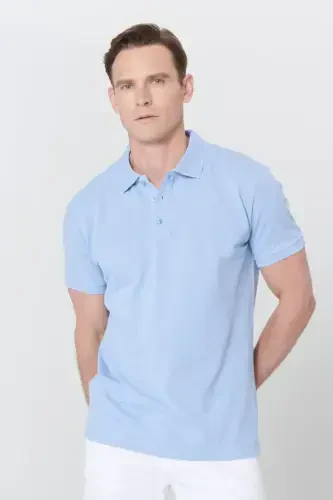 Men's Light Blue 100% Cotton Non-Iron Pique Polo Collar Slim Fit T-Shirt-Light Blue - 3