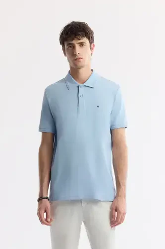 Men's Light Blue 100% Cotton Quick-Drying Regular Fit Non-Wrinkle Polo Collar T-shirt B001032 - 1