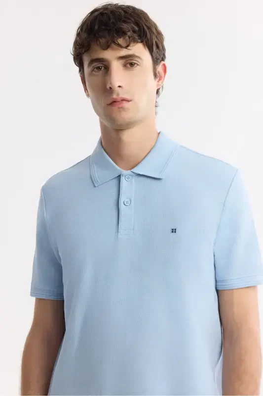 Men's Light Blue 100% Cotton Quick-Drying Regular Fit Non-Wrinkle Polo Collar T-shirt B001032 - 2