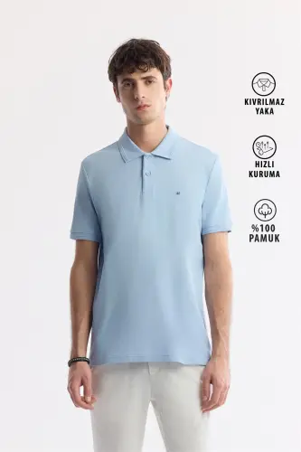 Men's Light Blue 100% Cotton Quick-Drying Regular Fit Non-Wrinkle Polo Collar T-shirt B001032 