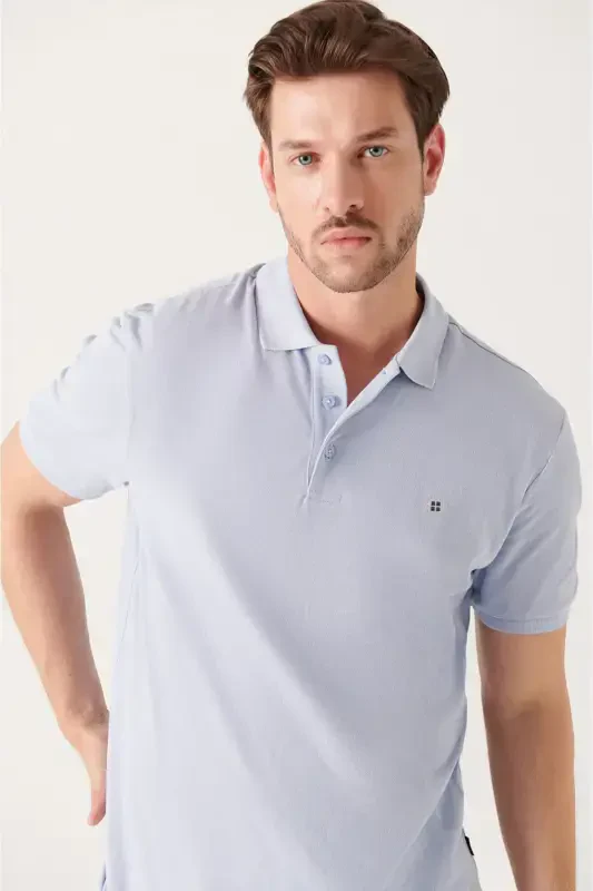 Men's Light Blue Basic Cotton Polo Neck T-shirt E001004-Light Blue - 1