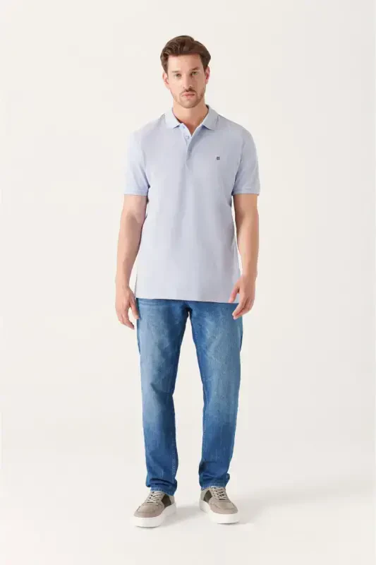 Men's Light Blue Basic Cotton Polo Neck T-shirt E001004-Light Blue - 5